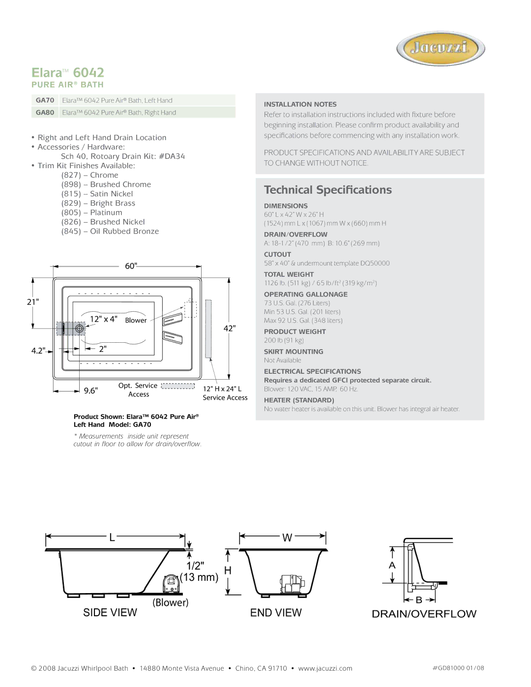 Jacuzzi GA80, GA70 dimensions Elara, Technical Specifications, Pure air Bath 