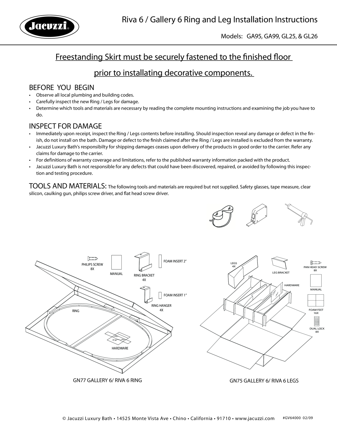 Jacuzzi GL26 installation instructions Before You Begin, Inspect For Damage, prior to installating decorative components 