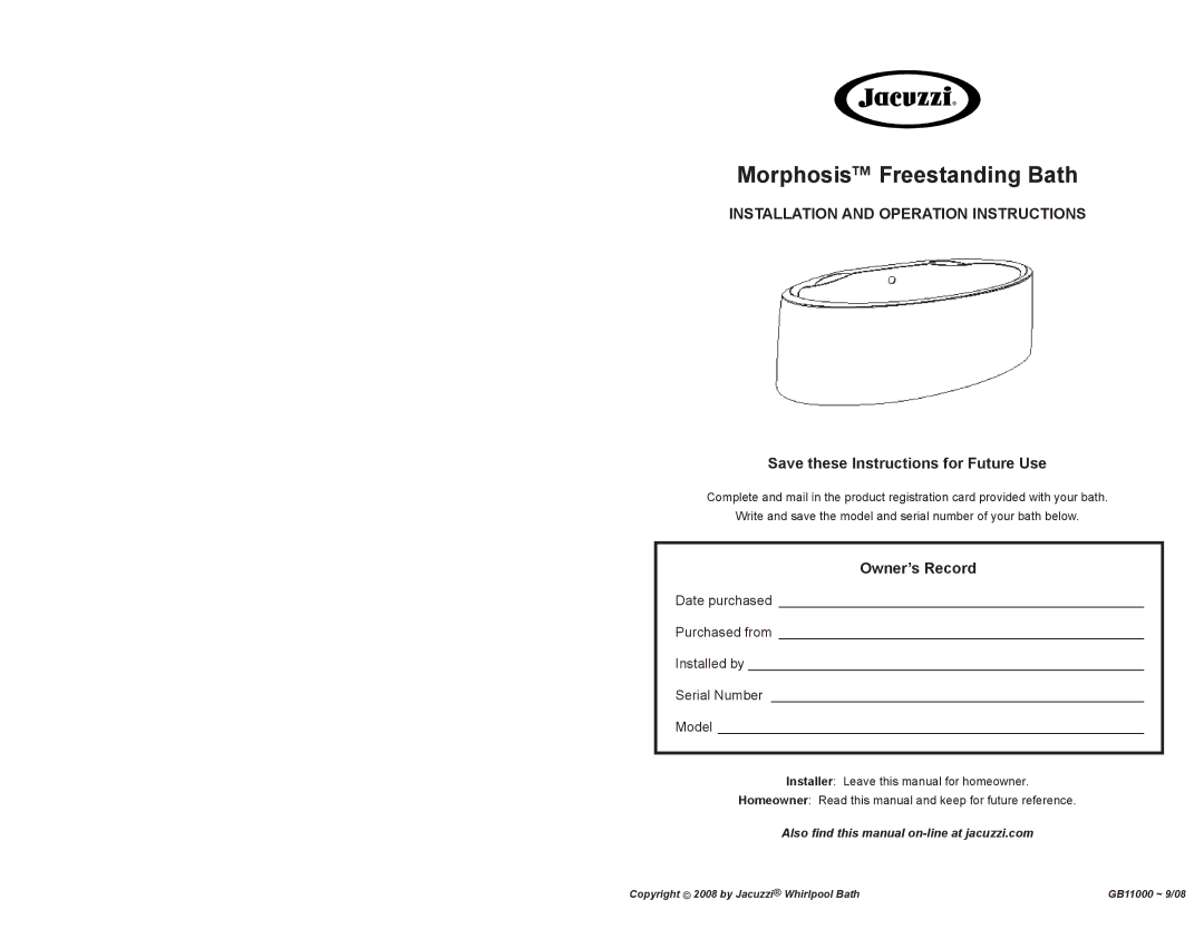 Jacuzzi GB11000 manual Installation and Operation Instructions, Save these Instructions for Future Use, Owner’s Record 