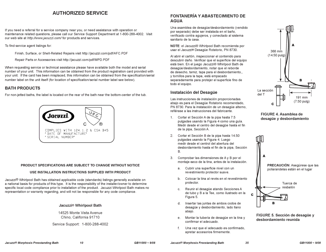 Jacuzzi GB11000 manual Authorized Service, Bath Products, Fontanería y Abastecimiento de Agua, Instalación del Desagüe 