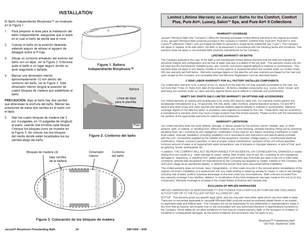 Jacuzzi GB11000 manual Bañera Línea de lápiz para la plantilla Piso, Dimensión Contorno Interior Del baño 