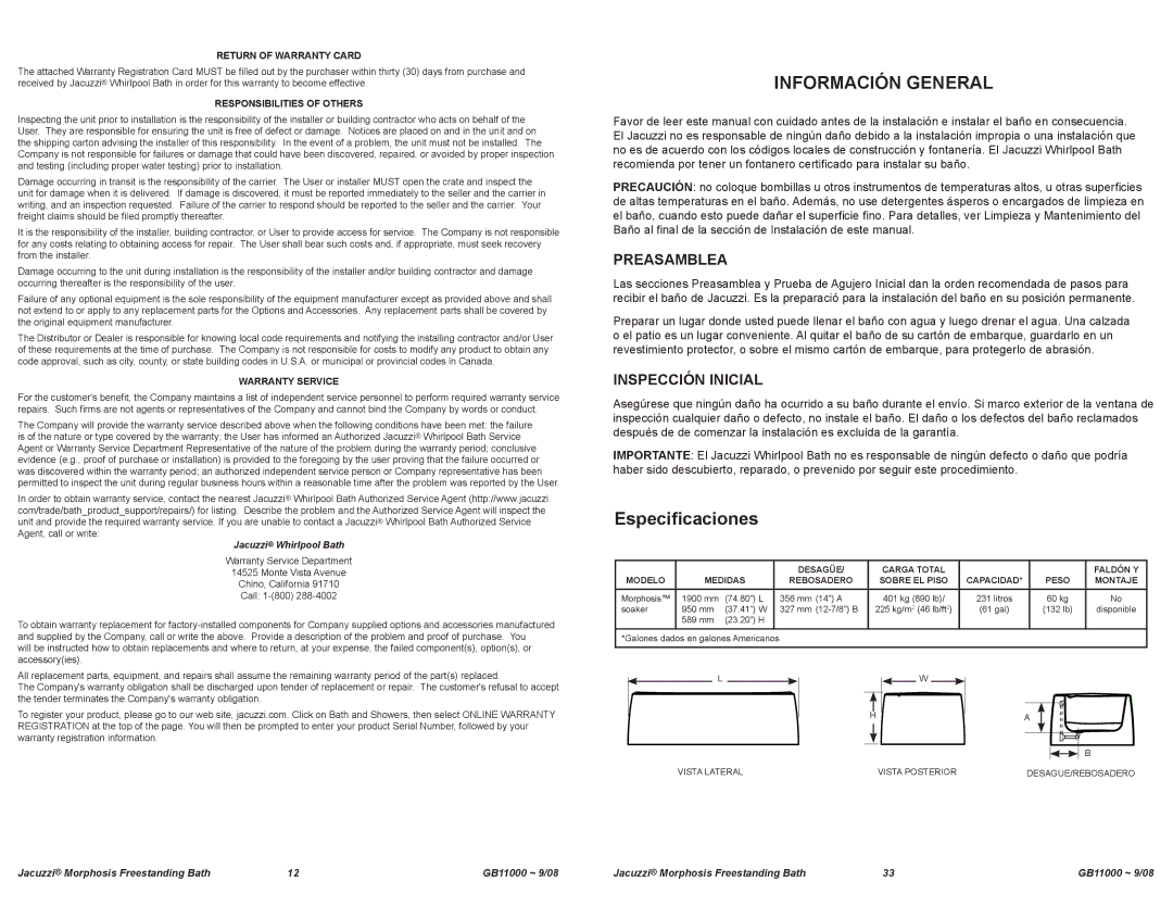 Jacuzzi GB11000 manual Información General, Especificaciones, Preasamblea, Inspección Inicial 