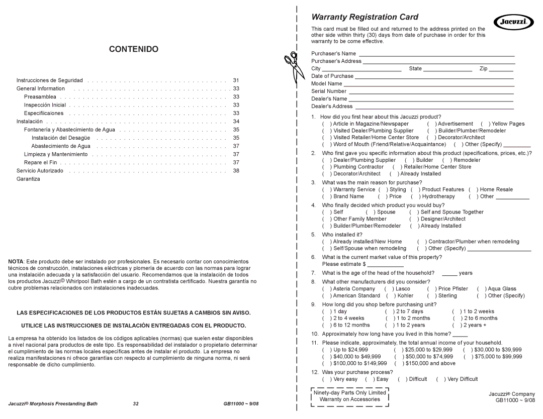 Jacuzzi GB11000 manual Contenido, What was the main reason for purchase? 