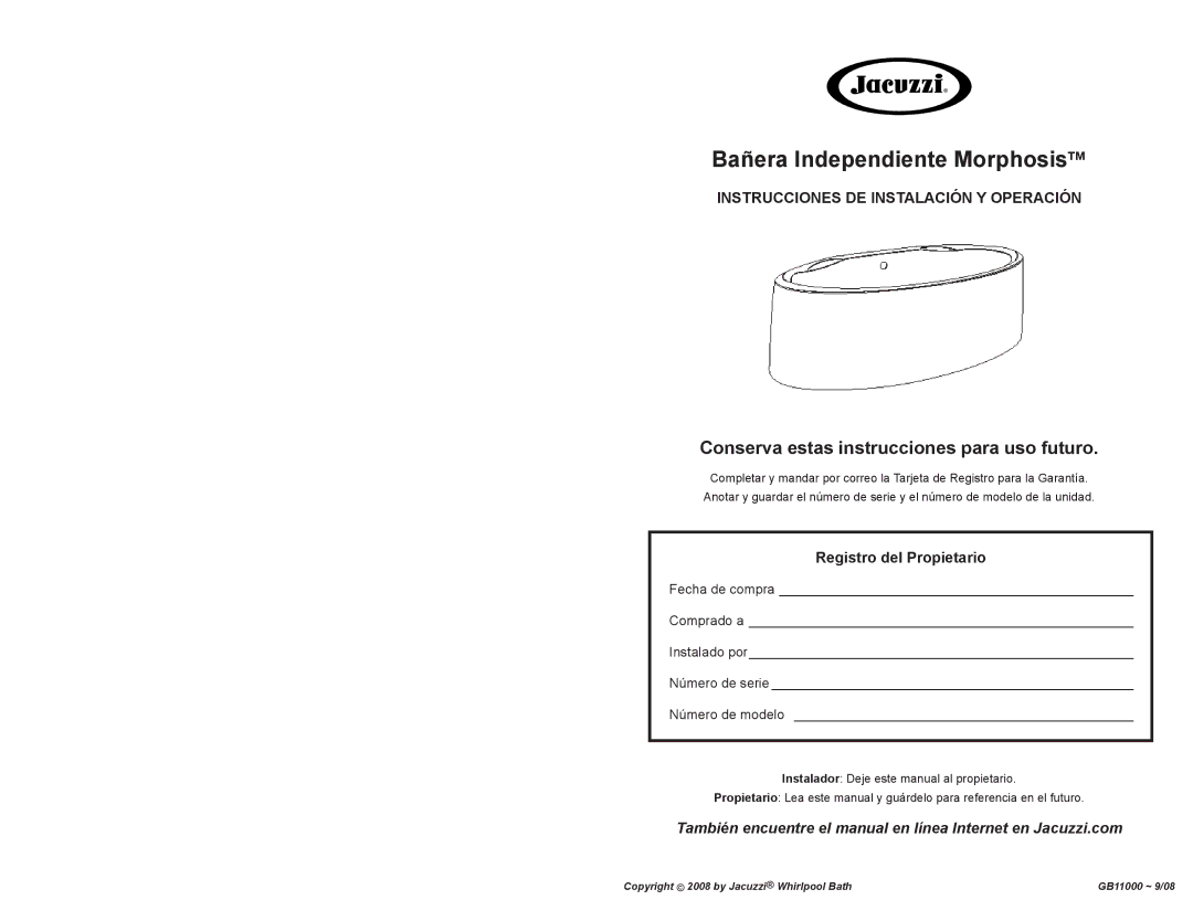 Jacuzzi GB11000 manual Conserva estas instrucciones para uso futuro, Instrucciones de Instalación y Operación 