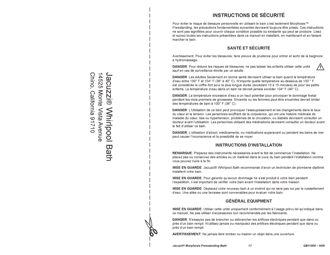 Jacuzzi GB11000 manual Instructions DE Sécurité, Santé et Sécurité, Instructions D’INSTALLATION, Général Equipment 