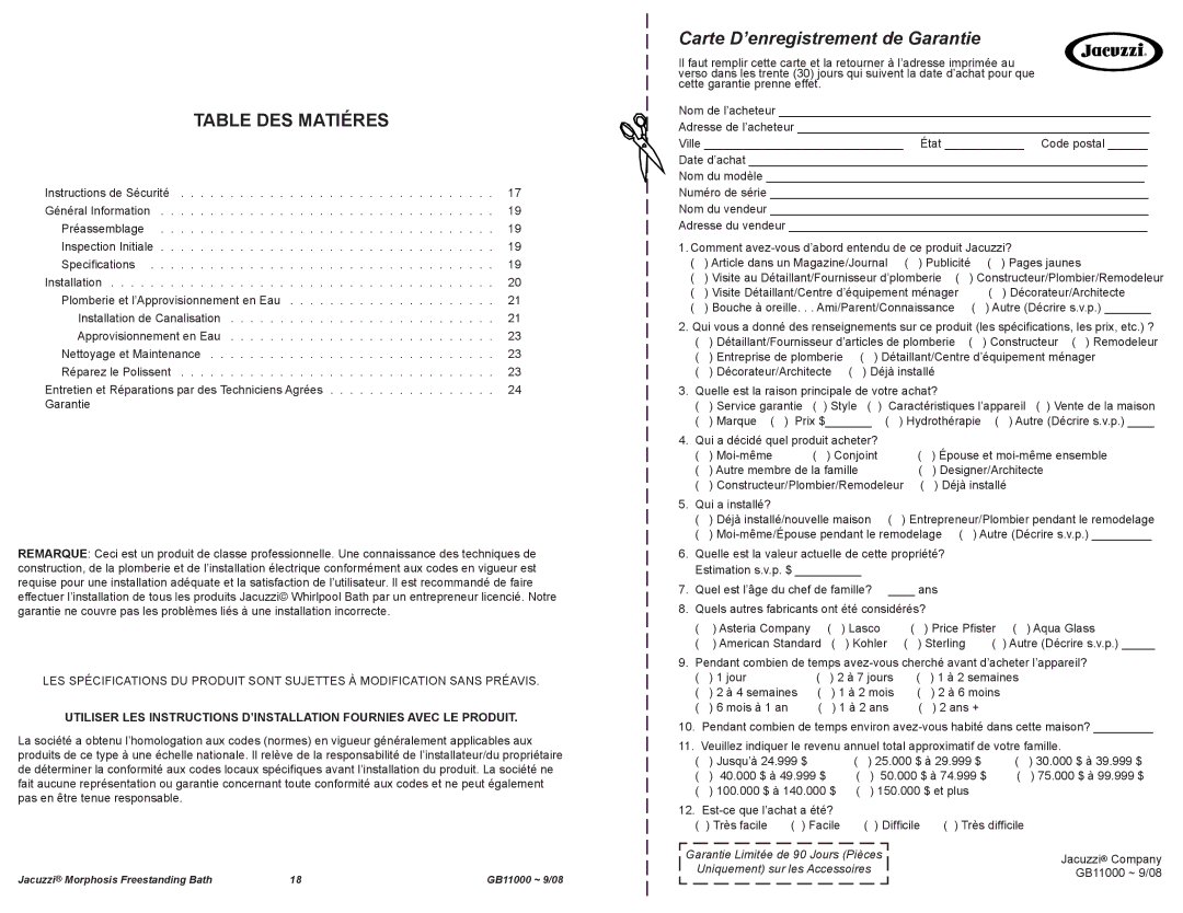 Jacuzzi GB11000 manual Table des Matiéres 
