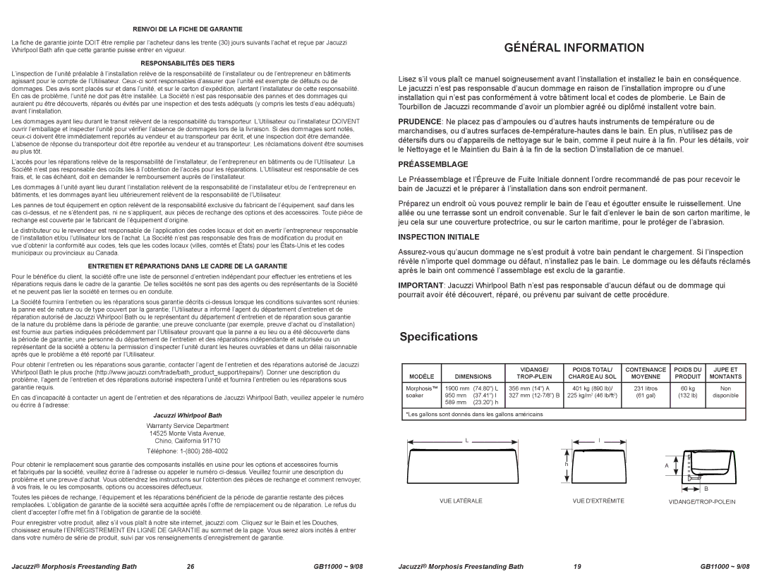 Jacuzzi GB11000 manual Général Information, Renvoi DE LA Fiche DE Garantie, Responsabilités DES Tiers 