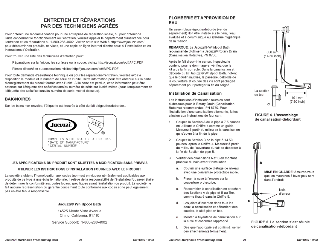 Jacuzzi GB11000 manual Entretien ET Réparations PAR DES Techniciens Agrées, Baignoires, Plomberie et Approvision de Eau 