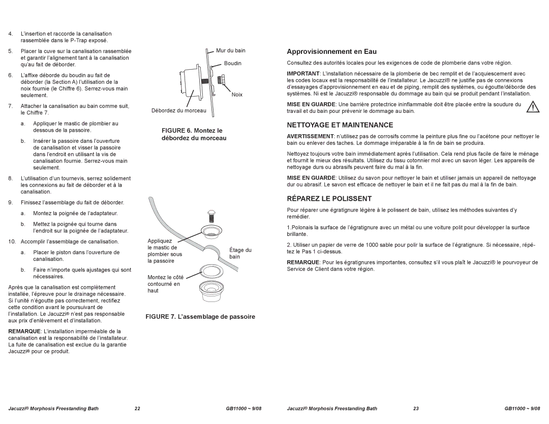 Jacuzzi GB11000 manual Approvisionnement en Eau, Nettoyage et Maintenance, Réparez le Polissent, Haut 