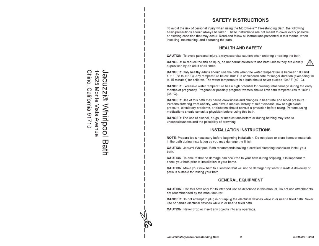 Jacuzzi GB11000 manual Safety Instructions, Health and Safety, Installation Instructions General Equipment 