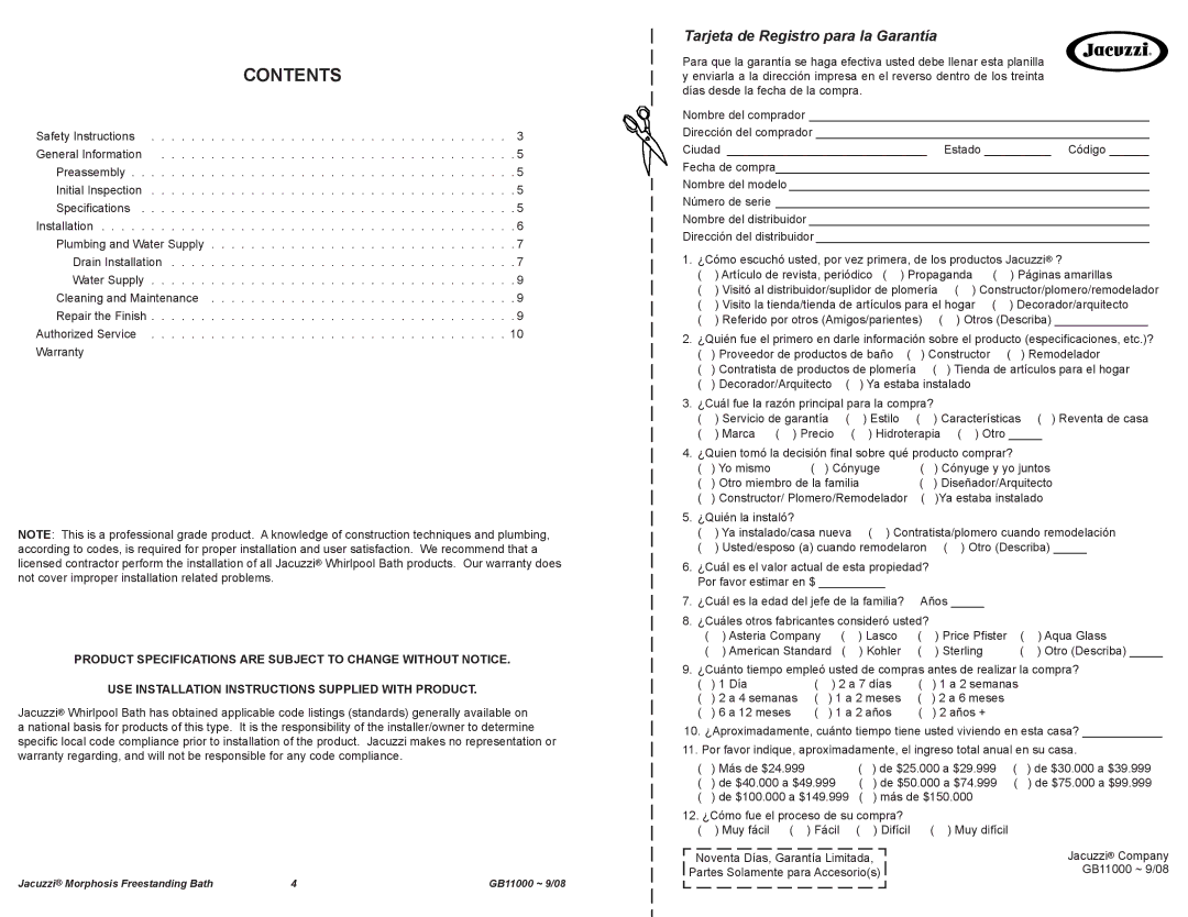 Jacuzzi GB11000 manual Contents 