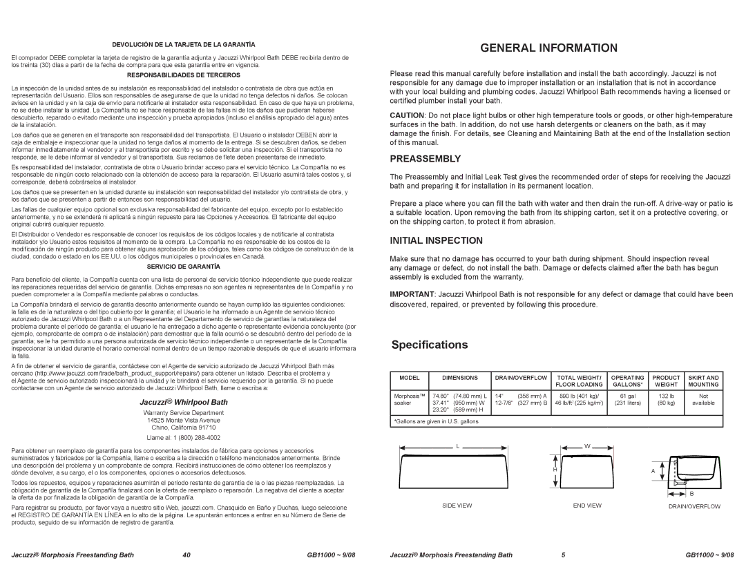 Jacuzzi GB11000 manual General Information, Specifications, Preassembly, Initial Inspection 