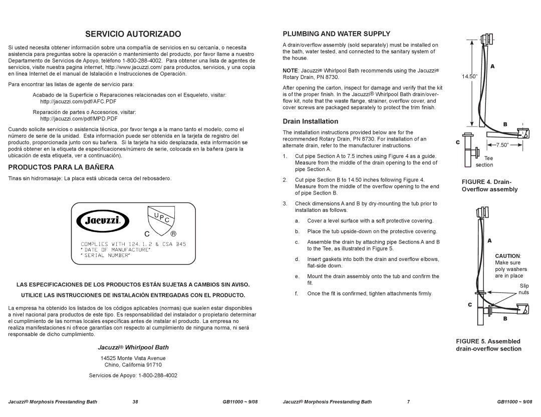 Jacuzzi GB11000 manual Servicio Autorizado, Productos Para LA Bañera, Plumbing and Water Supply, Drain Installation 