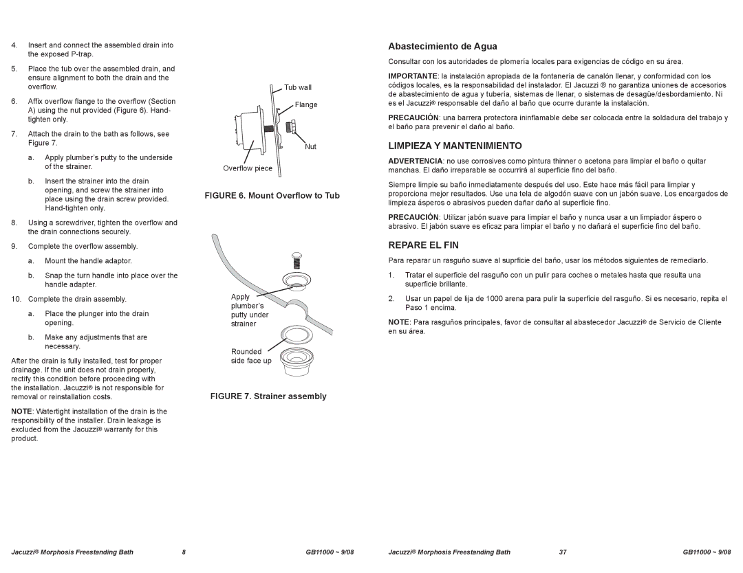 Jacuzzi GB11000 manual Abastecimiento de Agua, Limpieza y Mantenimiento, Repare EL FIN 