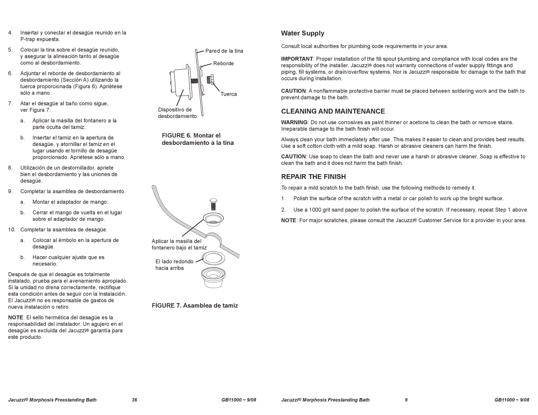 Jacuzzi GB11000 manual Water Supply, Cleaning and Maintenance, Repair the Finish 