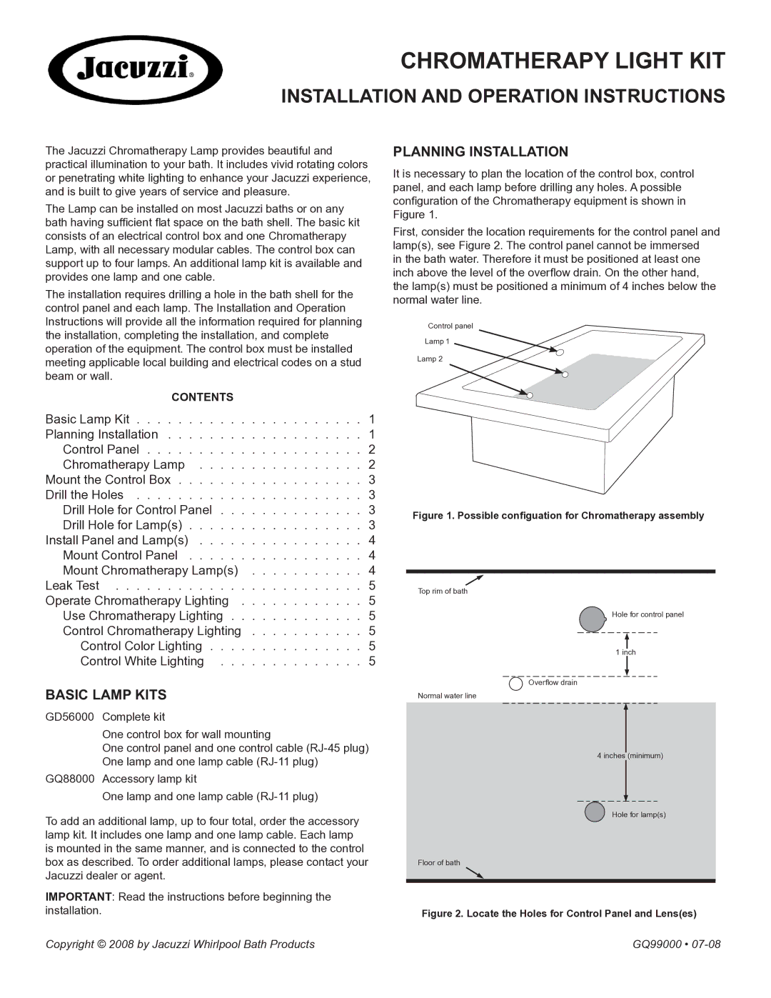 Jacuzzi GQ99000 manual Basic lamp KitS, Planning Installation 