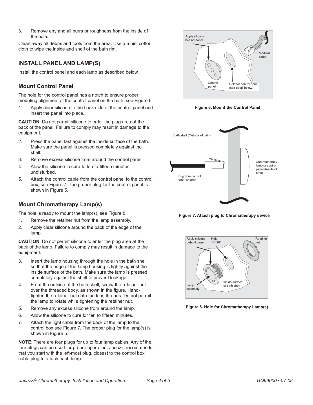 Jacuzzi GQ99000 manual Install Panel and Lamps, Mount Control Panel, Mount Chromatherapy Lamps 