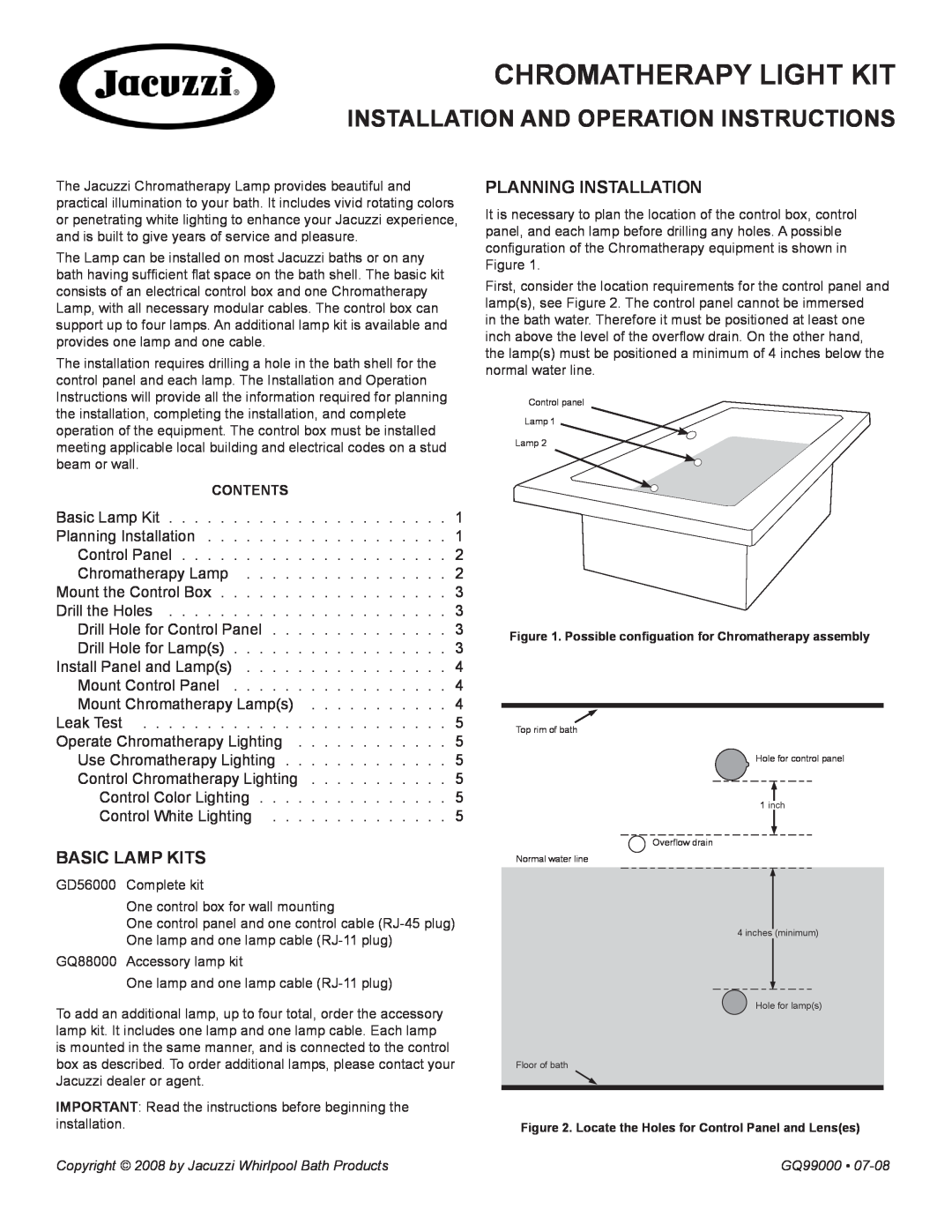 Jacuzzi GQ99000 manual Basic lamp KitS, Planning Installation, Chromatherapy Light Kit 