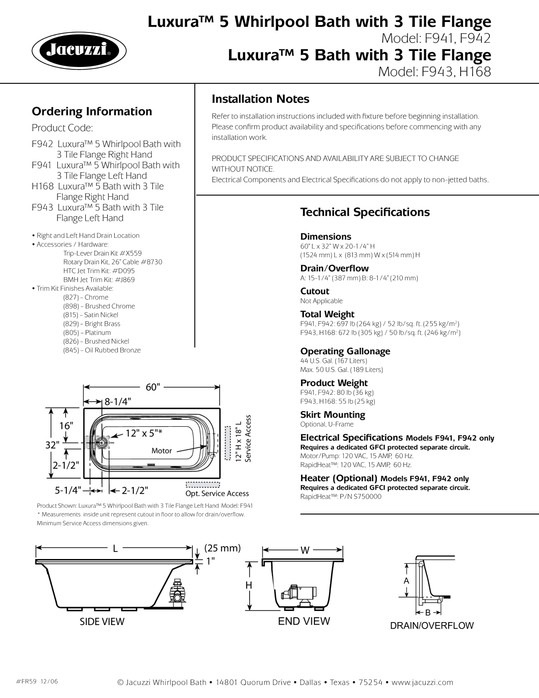 Jacuzzi F943 - LH, H168 - RH, F941 - LH, F942 - RH Ordering Information, Installation Notes, Technical Specifications 