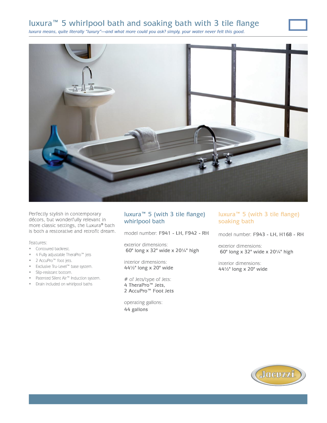 Jacuzzi F941 - LH dimensions luxura 5 with 3 tile flange whirlpool bath, luxura 5 with 3 tile flange soaking bath 