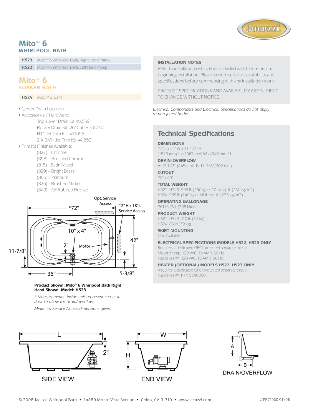 Jacuzzi H522, H524, H523 manual Mito 