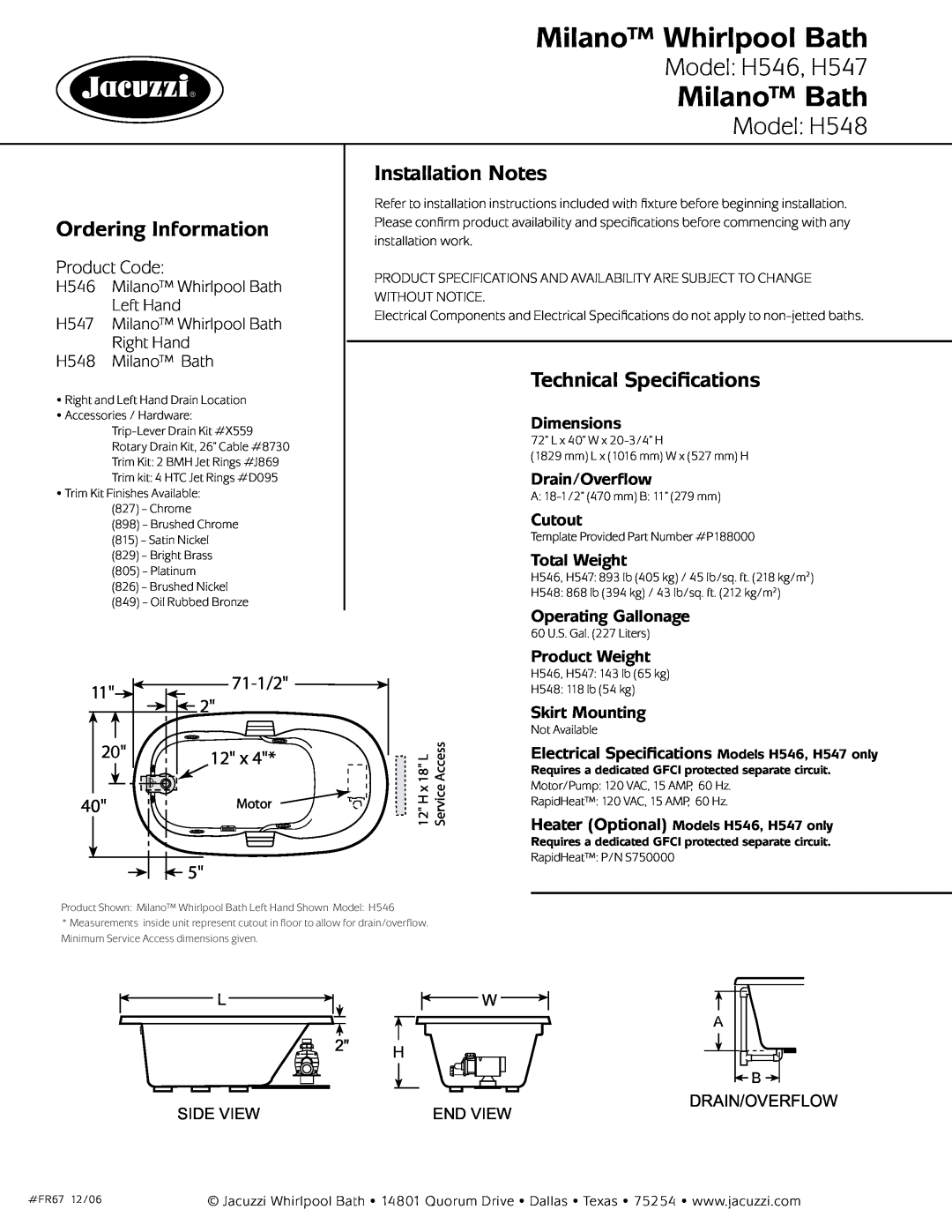 Jacuzzi Milano Whirlpool Bath, Milano Bath, Model H546, H547, Model H548, Ordering Information, Installation Notes 
