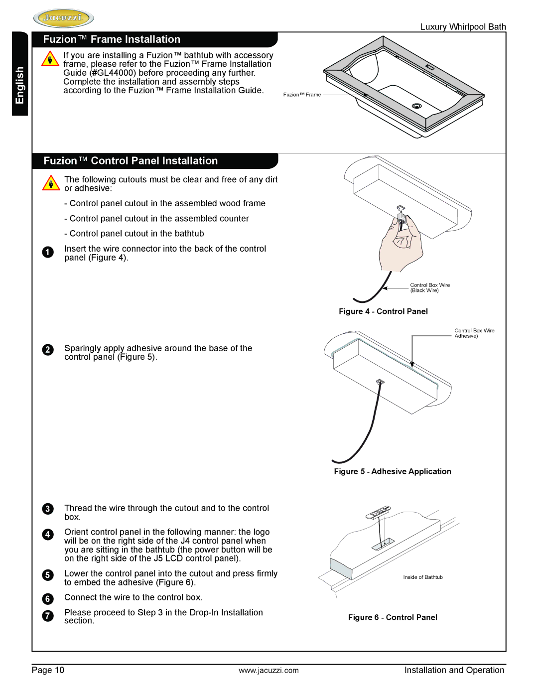 Jacuzzi HD84000 manual Fuzion Frame Installation, Fuzion Control Panel Installation 