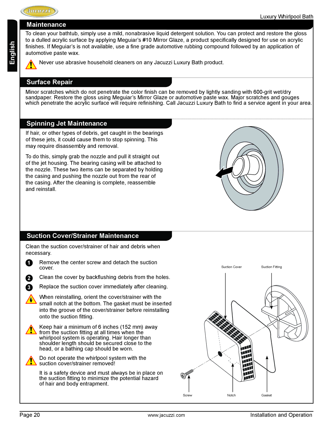 Jacuzzi HD84000 manual Surface Repair, Spinning Jet Maintenance, Suction Cover/Strainer Maintenance 