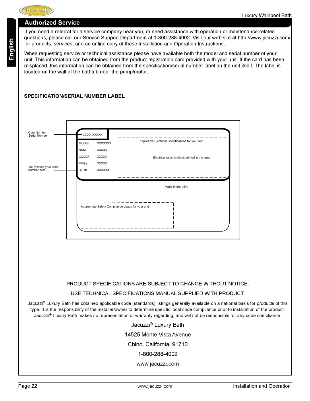 Jacuzzi HD84000 manual Authorized Service, SPECIFICATION/SERIAL Number Label 