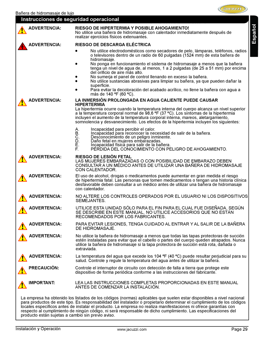 Jacuzzi HD84000 manual Instrucciones de seguridad operacional 