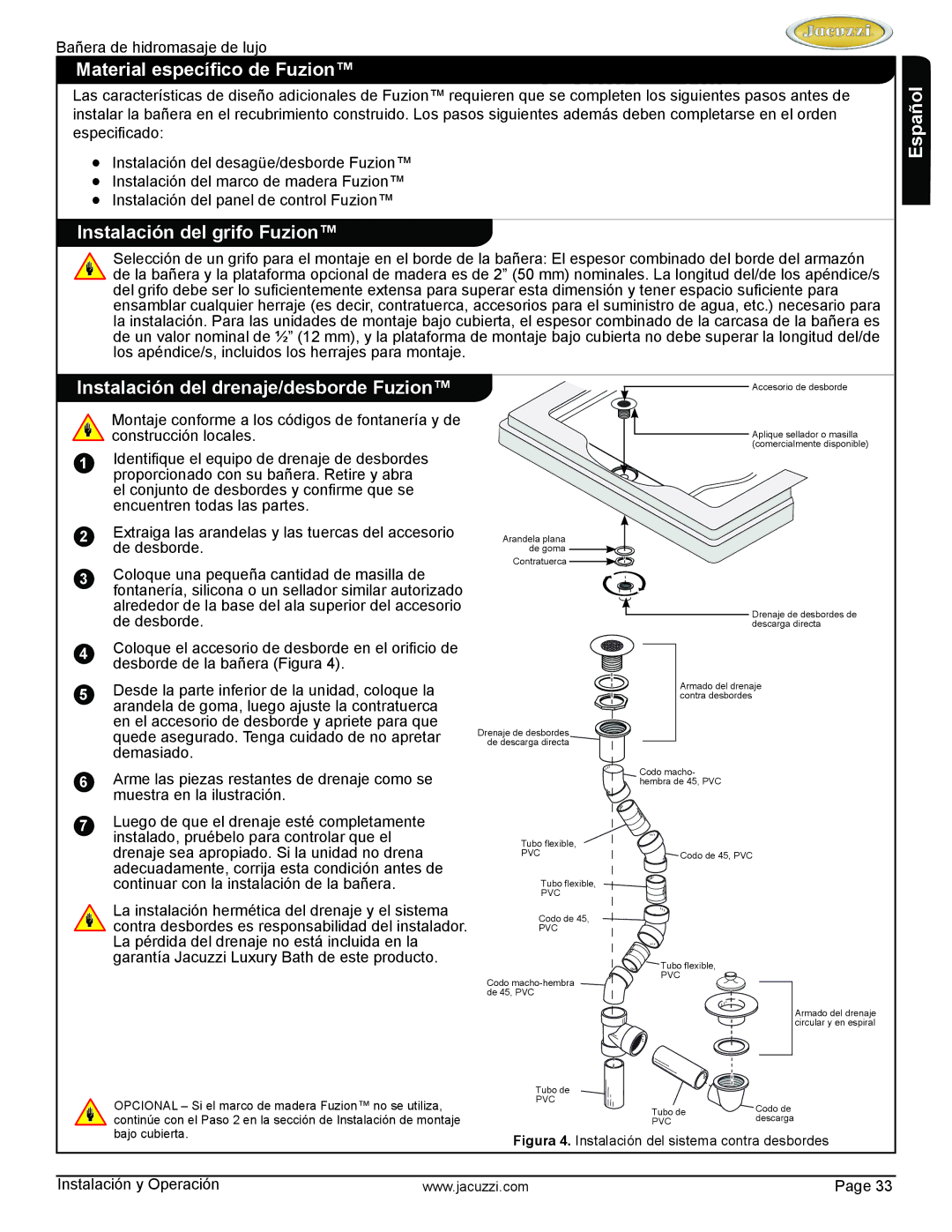 Jacuzzi HD84000 manual Material específico de Fuzion, Instalación del grifo Fuzion 