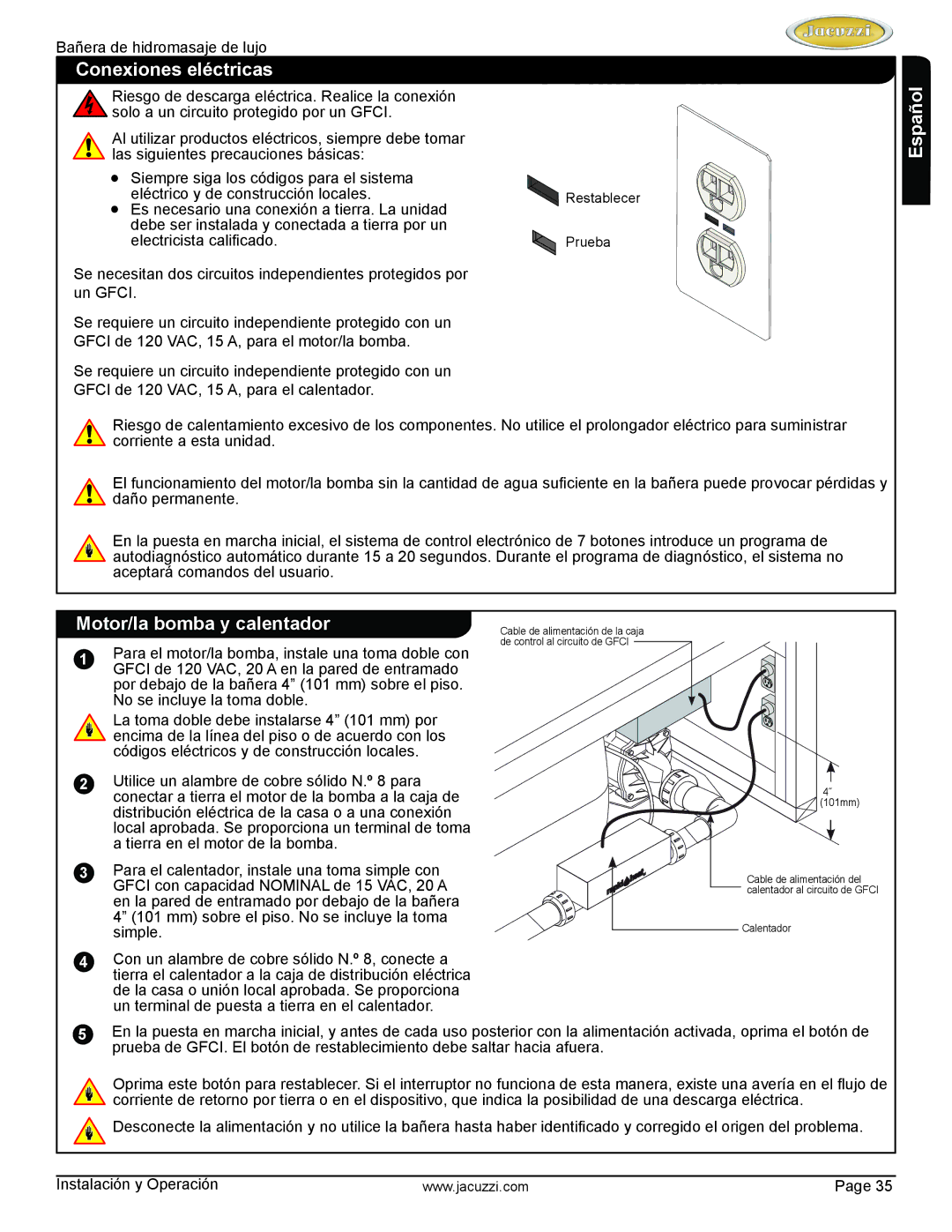 Jacuzzi HD84000 manual Conexiones eléctricas, Motor/la bomba y calentador 