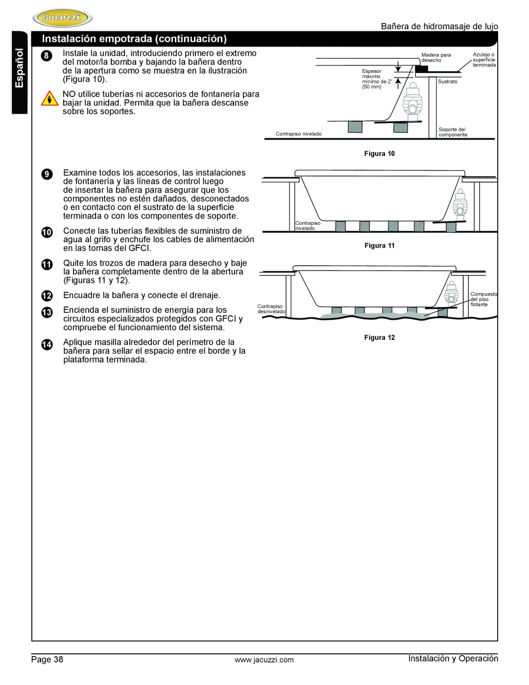 Jacuzzi HD84000 manual Instalación empotrada continuación 