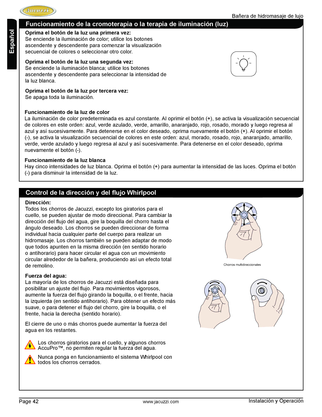 Jacuzzi HD84000 manual Control de la dirección y del flujo Whirlpool 