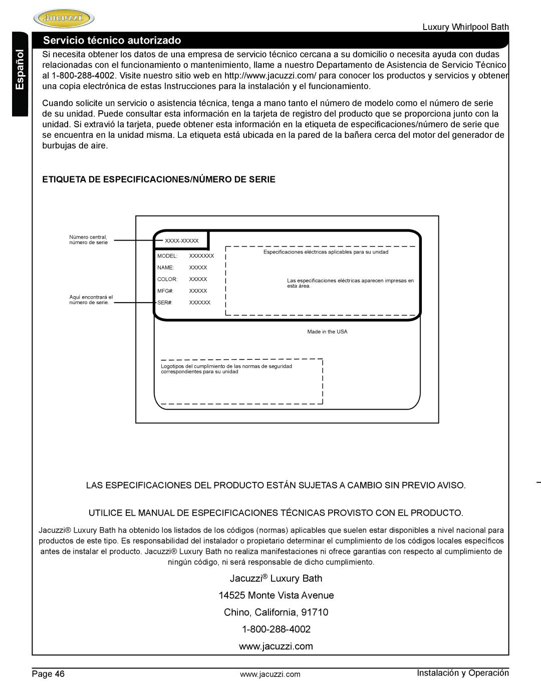 Jacuzzi HD84000 manual Servicio técnico autorizado, Etiqueta DE ESPECIFICACIONES/NÚMERO DE Serie 