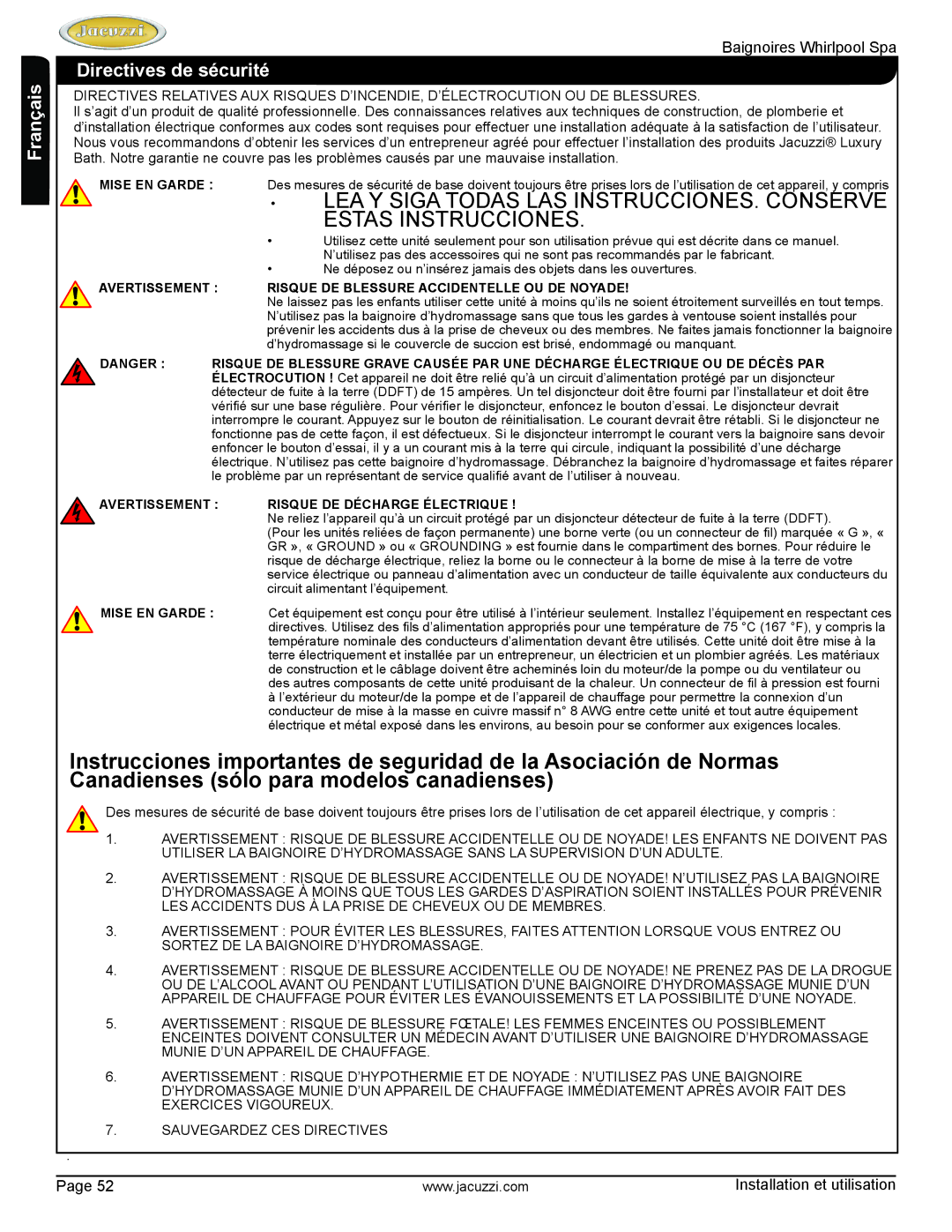 Jacuzzi HD84000 manual EnglishFrançais, Directives de sécurité 