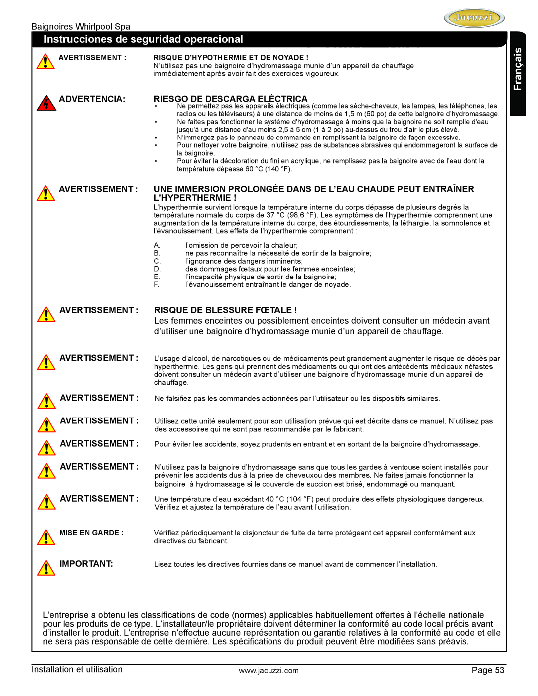 Jacuzzi HD84000 manual Avertissement Risque DE Blessure Fœtale, Avertissement Risque D’HYPOTHERMIE ET DE Noyade 