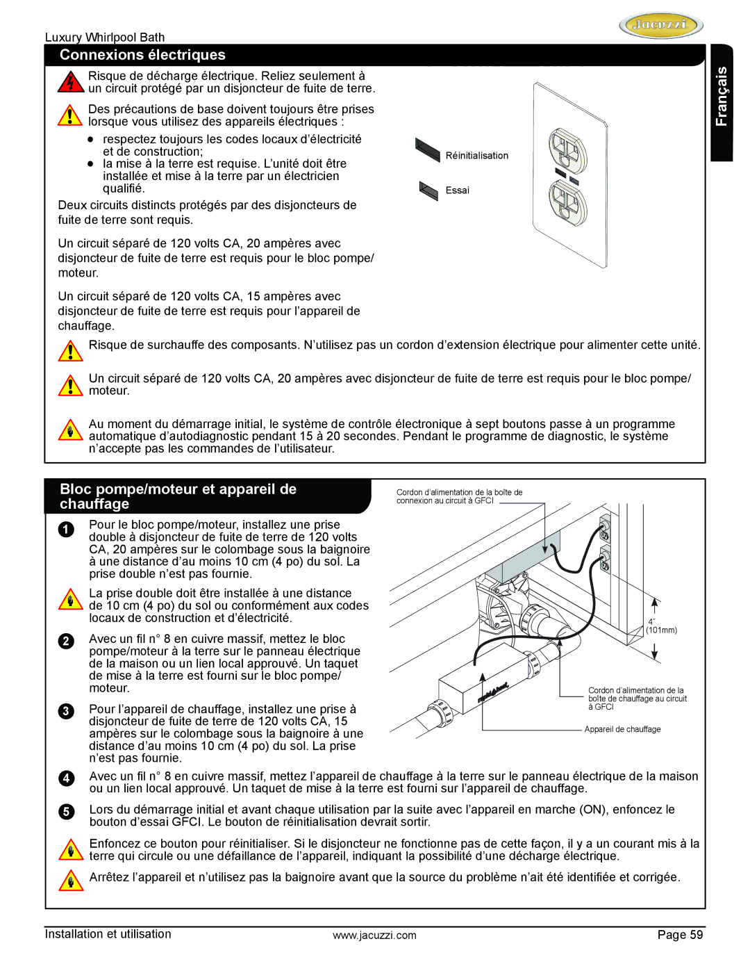 Jacuzzi HD84000 manual Connexions électriques, Bloc pompe/moteur et appareil de chauffage 