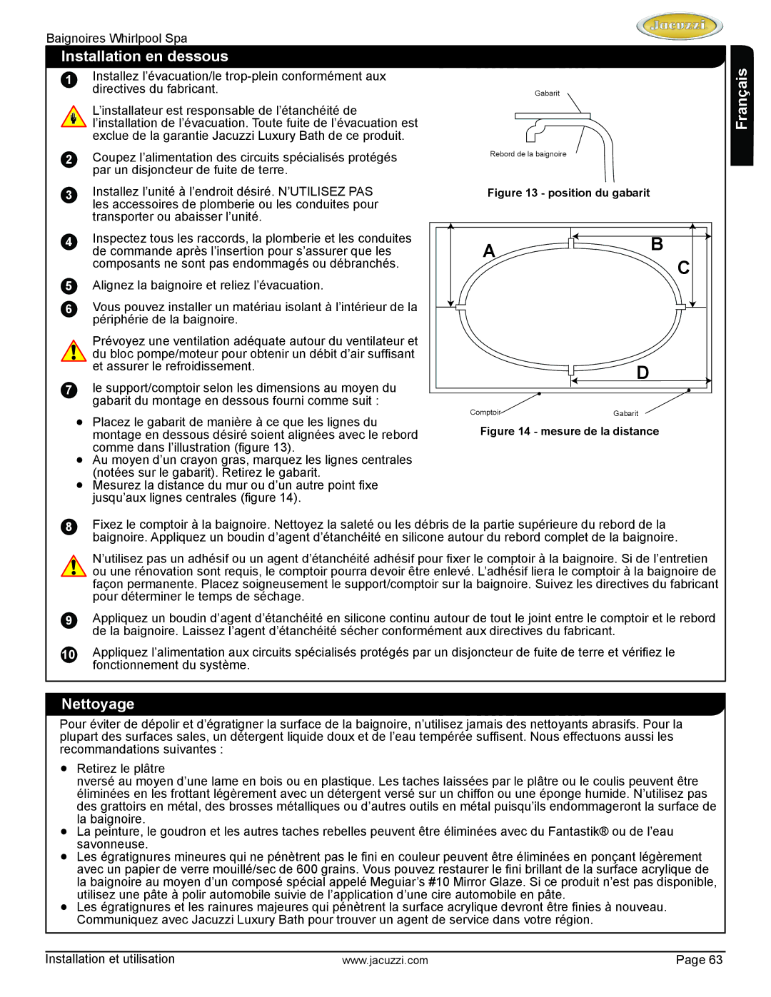 Jacuzzi HD84000 manual Installation en dessous, Nettoyage 