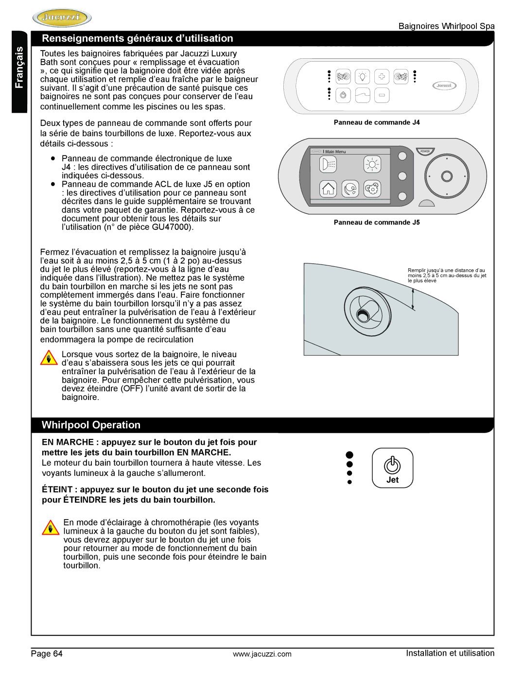 Jacuzzi HD84000 manual Renseignements généraux d’utilisation, Whirlpool Operation 