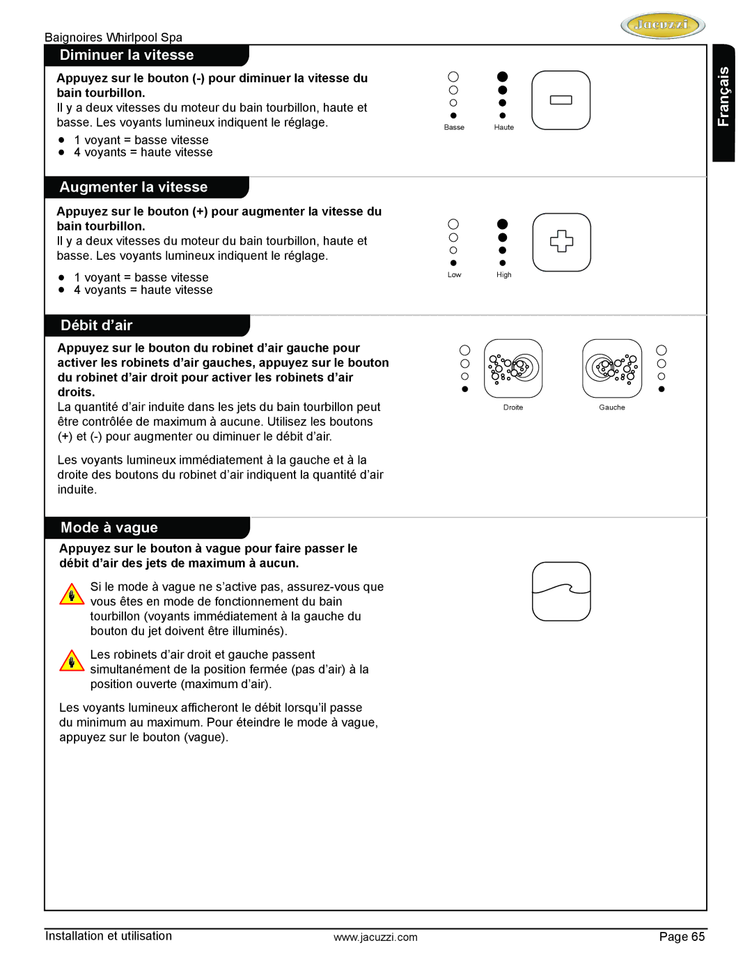 Jacuzzi HD84000 manual Diminuer la vitesse, Augmenter la vitesse, Débit d’air, Mode à vague 