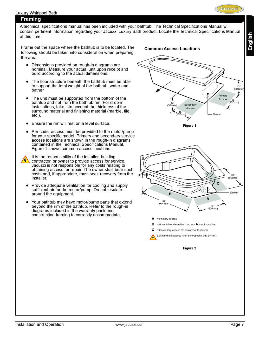 Jacuzzi HD84000 manual Framing, Common Access Locations 