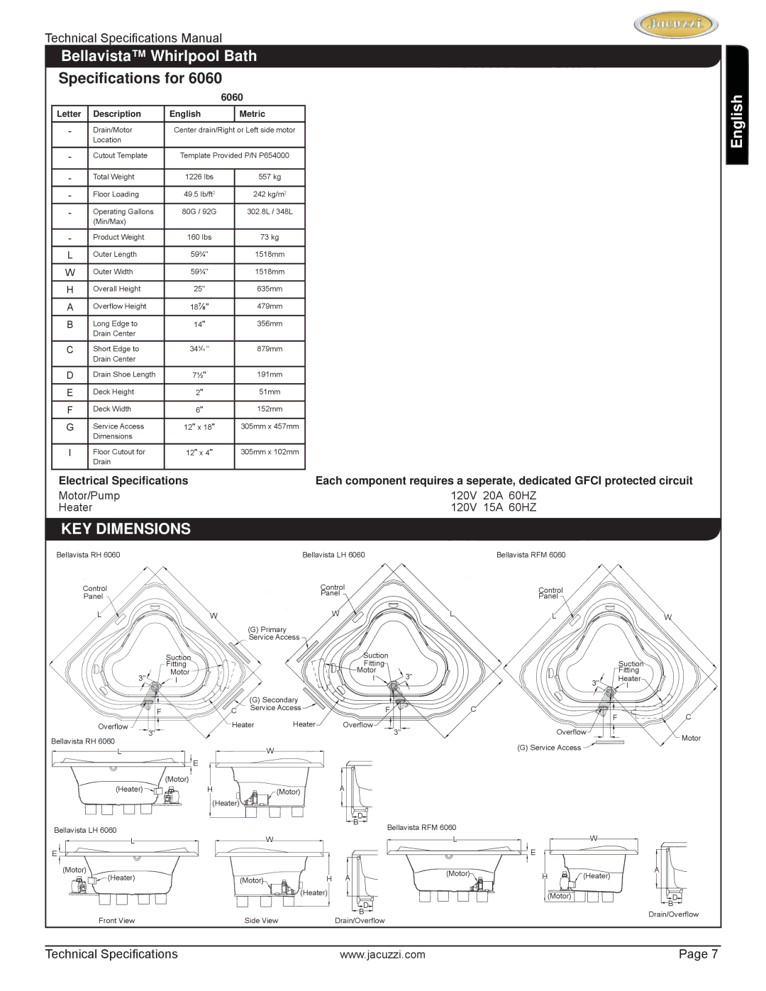 Jacuzzi HD85000 technical specifications Speciﬁcations for, 6060 