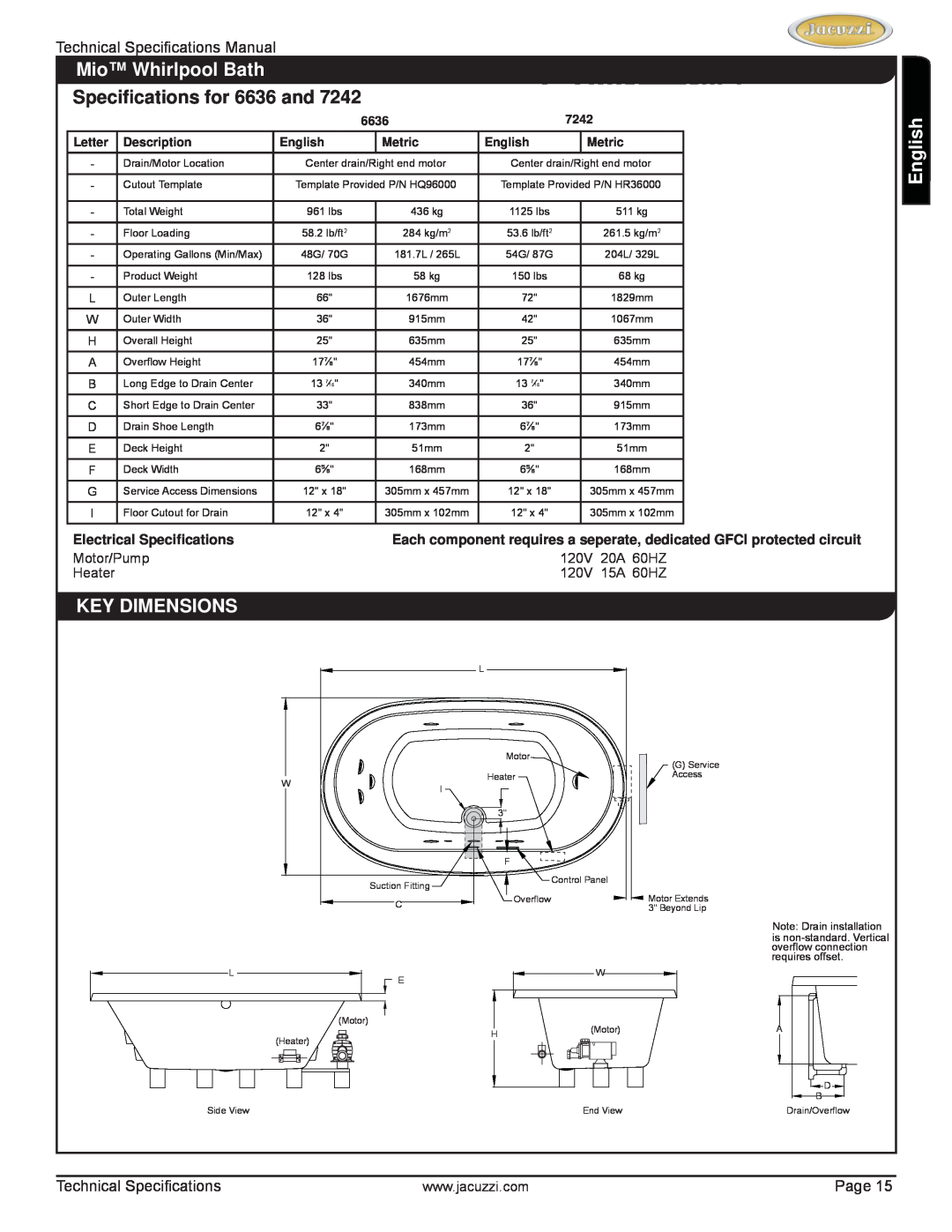 Jacuzzi HD85000 Mio Whirlpool Bath, Speciﬁcations for 6636 and, English, Key Dimensions, Electrical Speciﬁcations, 120V 