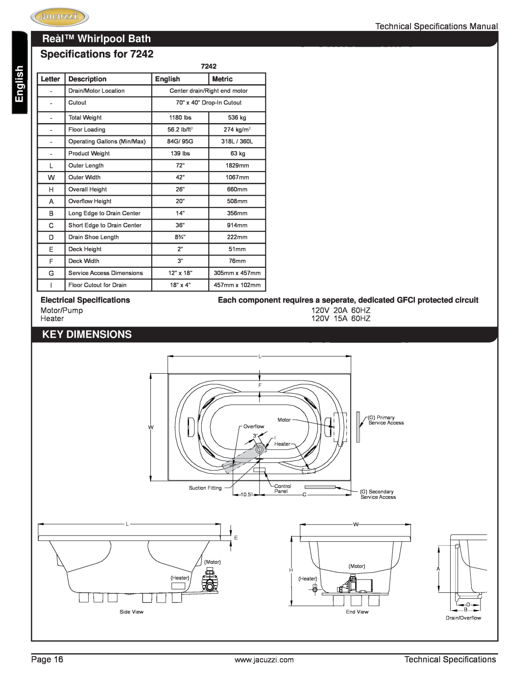 Jacuzzi HD85000 Reàl Whirlpool Bath, English, Speciﬁcations for, Key Dimensions, Electrical Speciﬁcations, Motor/Pump 