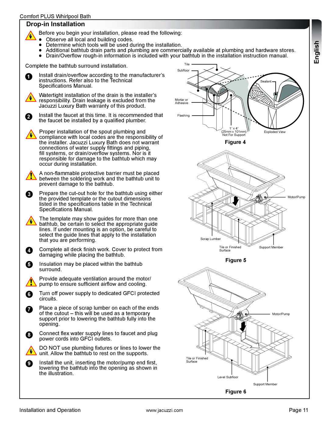 Jacuzzi HE96000 manual Drop-in Installation, English 