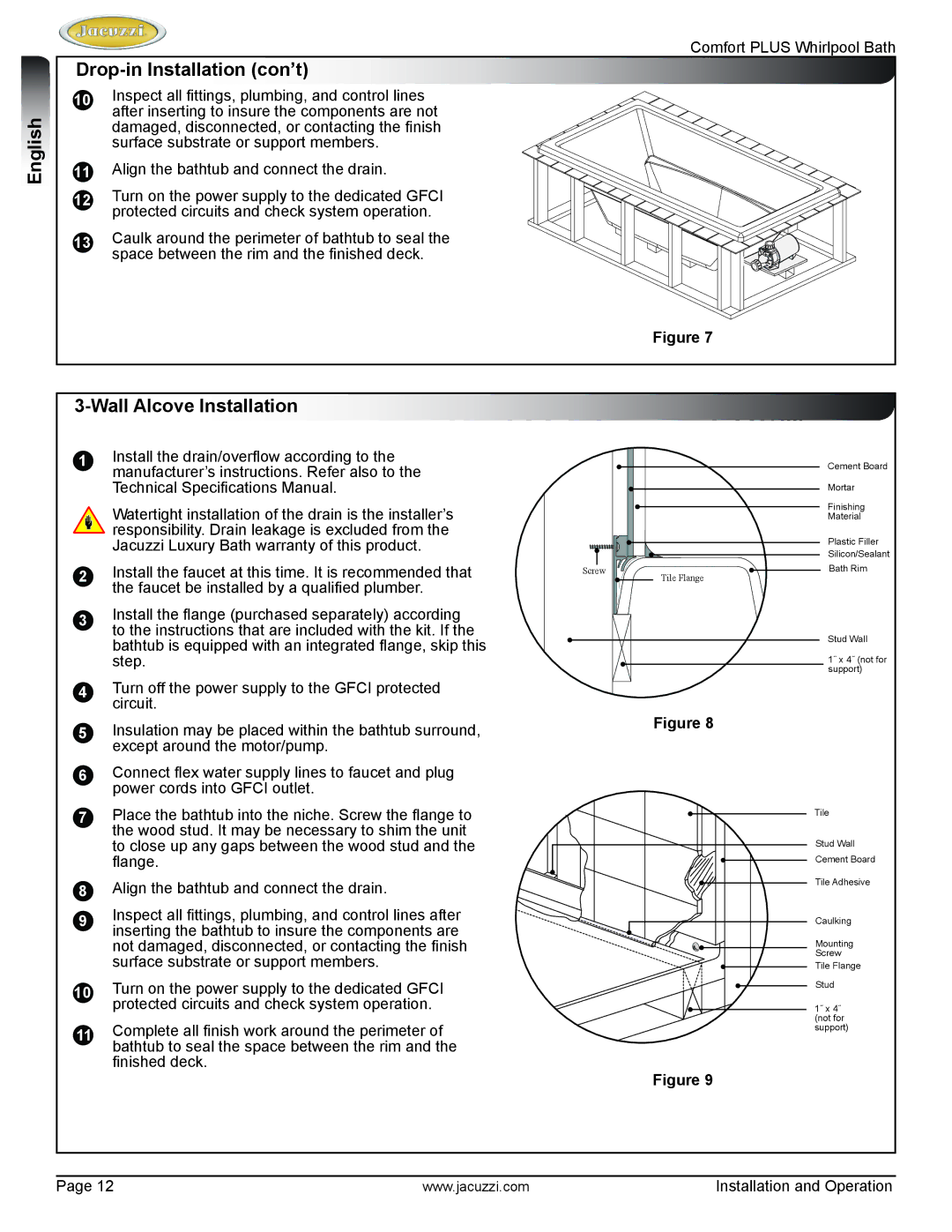 Jacuzzi HE96000 manual Drop-in Installation con’t, Wall Alcove Installation 