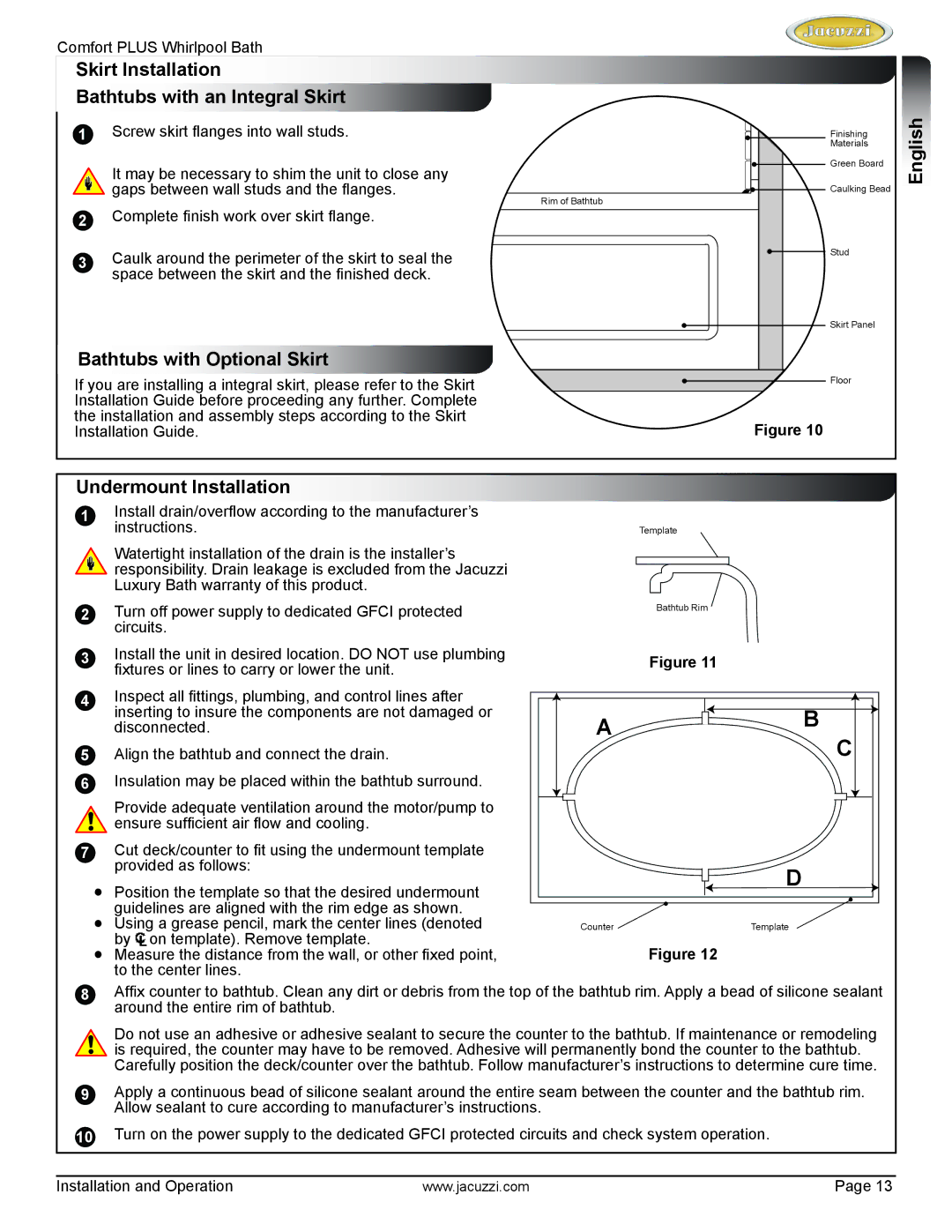 Jacuzzi HE96000 Skirt Installation Bathtubs with an Integral Skirt, Bathtubs with Optional Skirt, Undermount Installation 