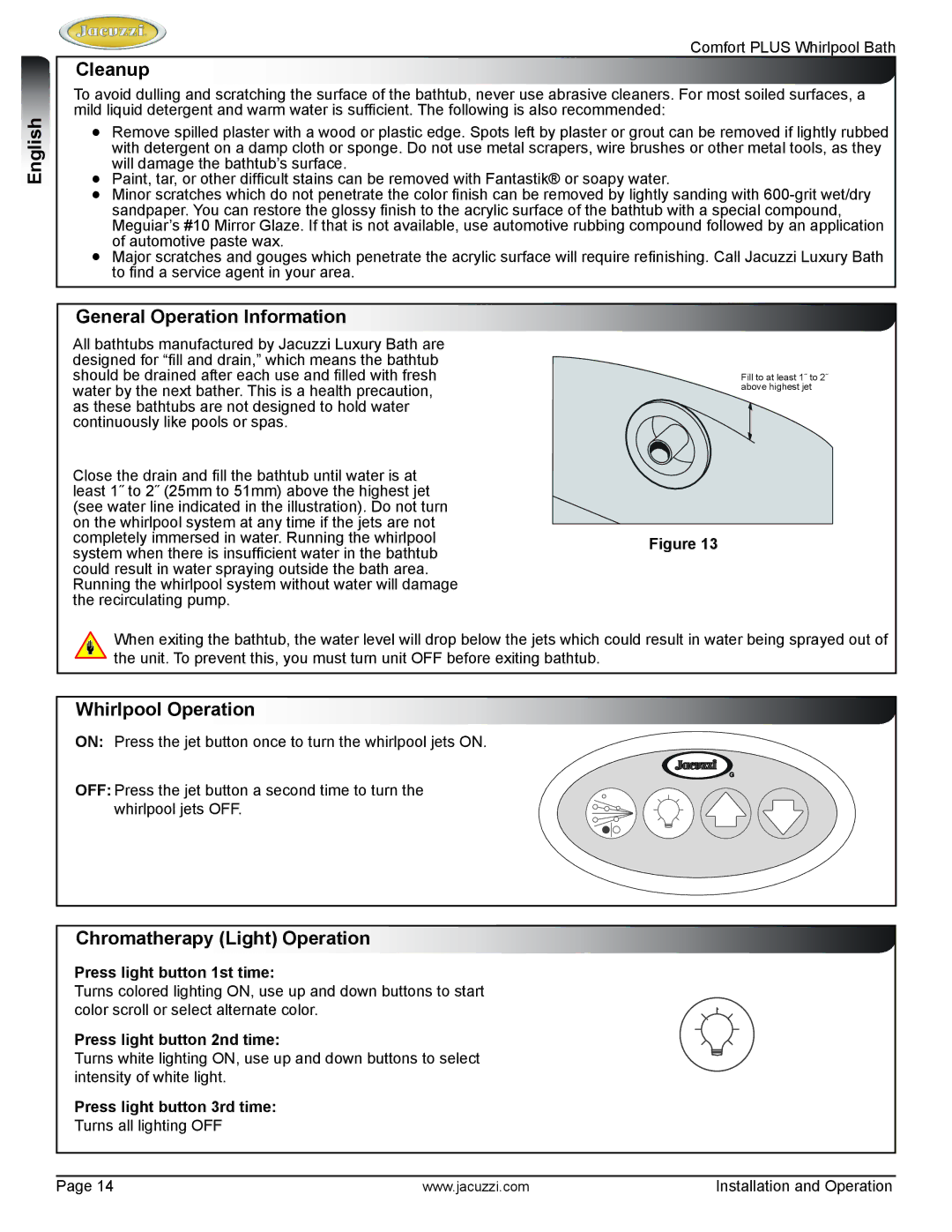 Jacuzzi HE96000 manual Cleanup, General Operation Information, Whirlpool Operation, Chromatherapy Light Operation 