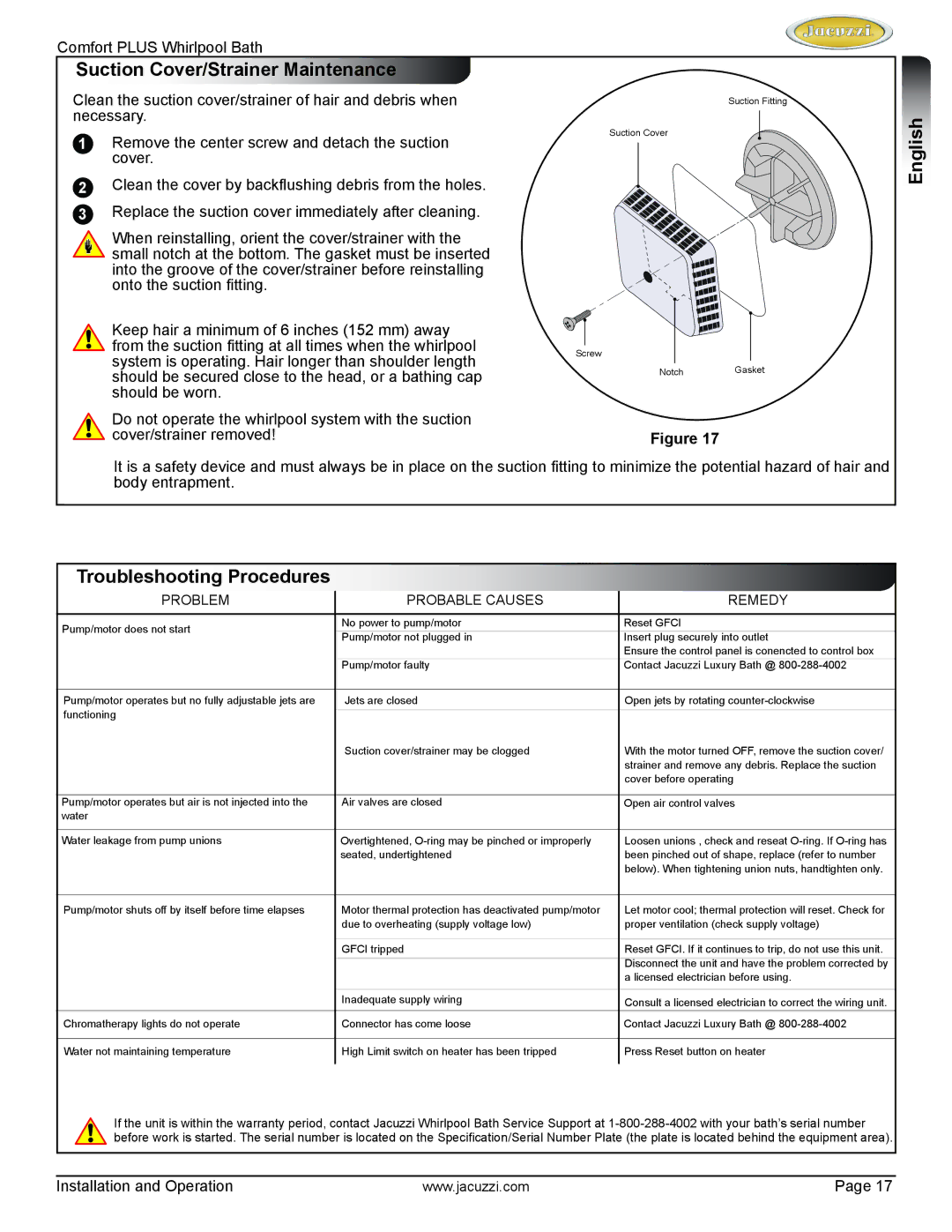 Jacuzzi HE96000 manual Suction Cover/Strainer Maintenance, Troubleshooting Procedures 